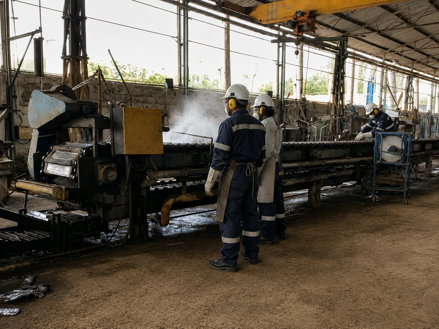 Operators in helmets, ear protection and respirators on the ingot casting line at the FUNMETAL plant in Mariara