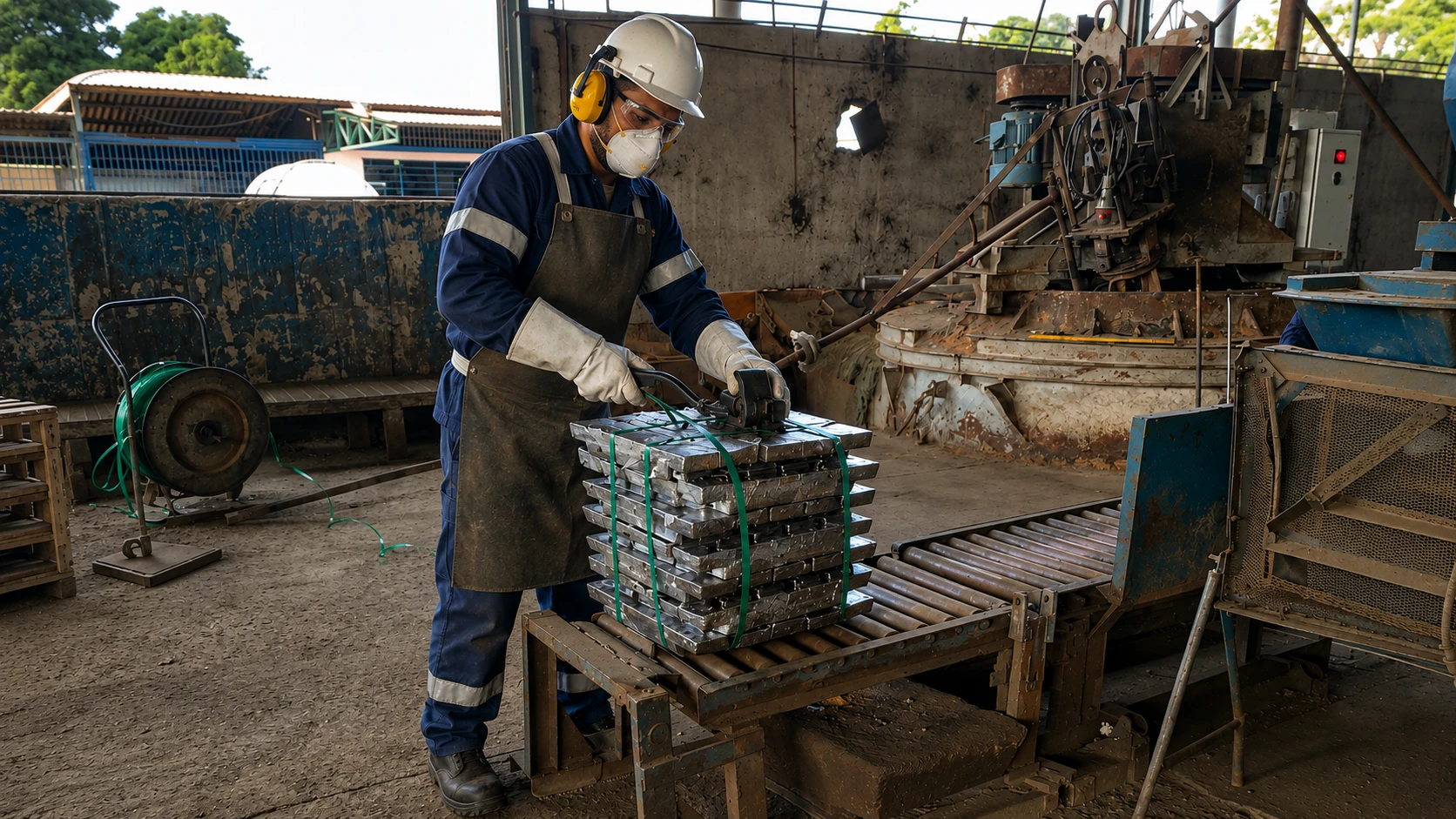 Operator in helmet, goggles, respirator and gauntlets steel-banding a bundle of 25 kg lead ingots at the FUNMETAL plant